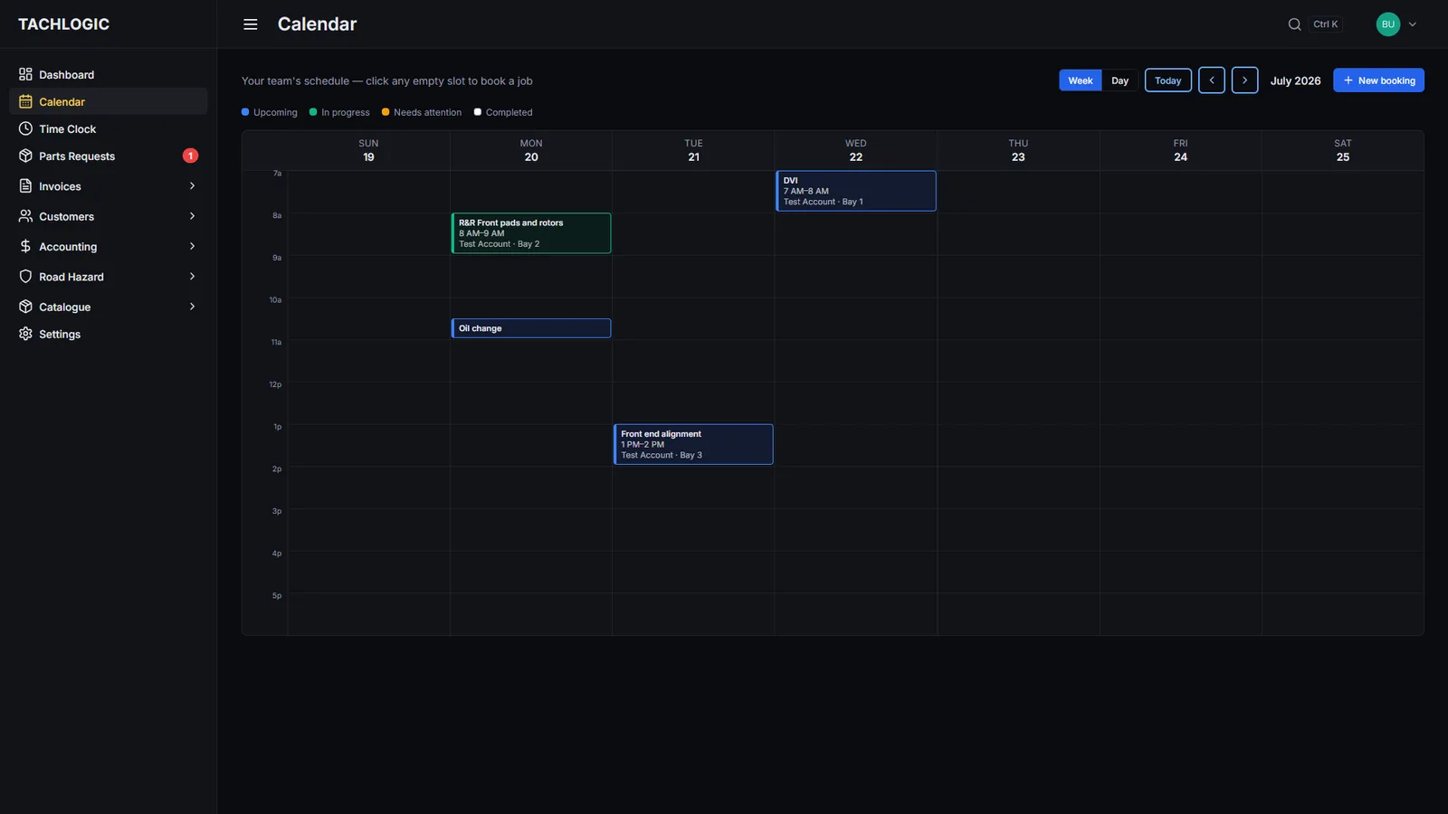 Tachlogic — team schedule with status-colored jobs