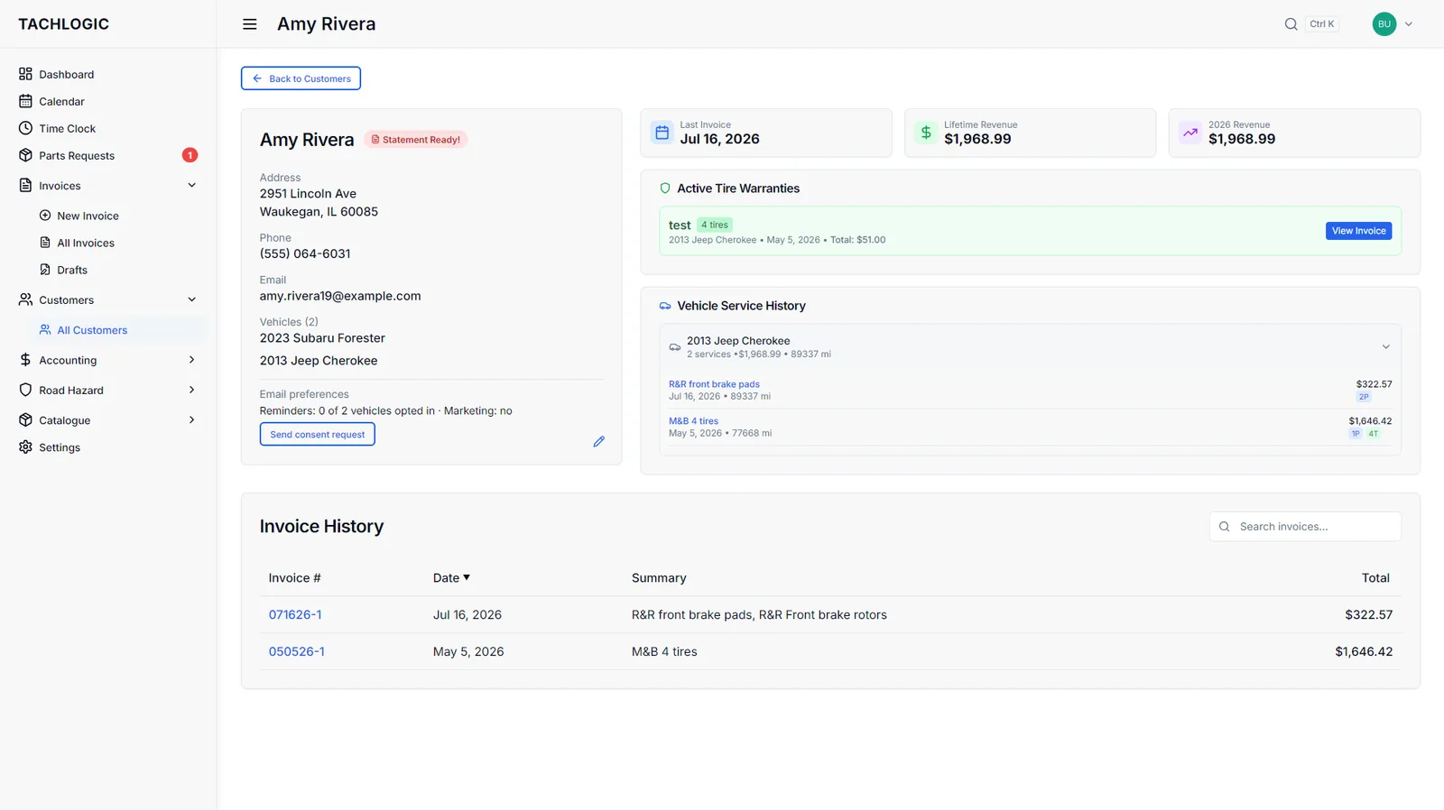 Tachlogic — customer record with service history, warranties, and invoice history