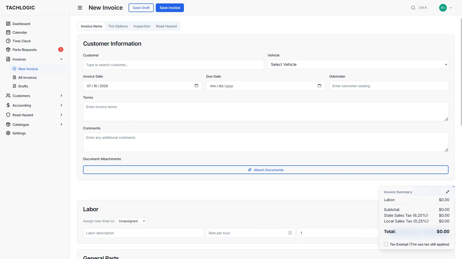 Tachlogic — writing an invoice with quick-add parts and labor