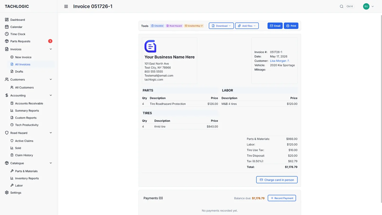 Tachlogic — invoice view in light mode