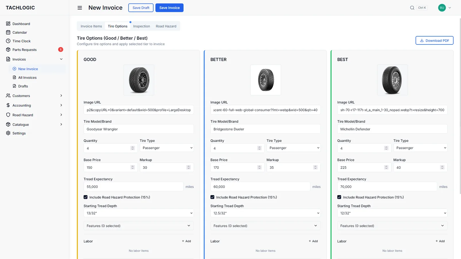 Tachlogic — Good / Better / Best tire options builder